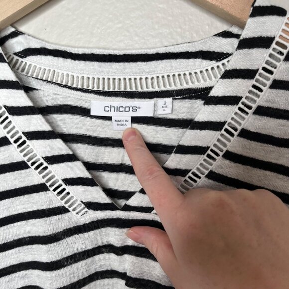 Chicos Womens Black White Striped Linen V-Neck Top Size 2 US L - Picture 3 of 7